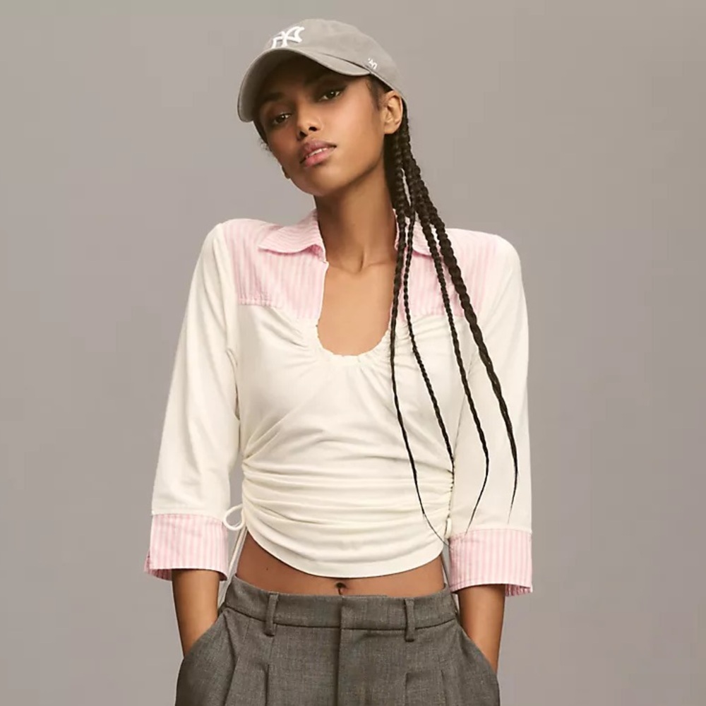 Maeve Anthropologie Scoop neck Top pink collar stripes Size Small